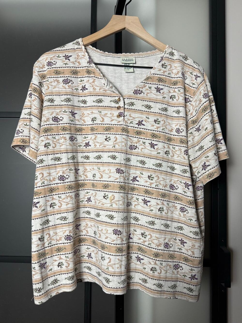 90s Classic Elements Floral Pattern Ribbed Tee Size XL